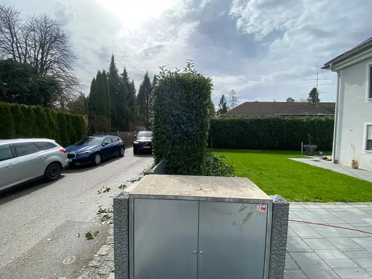 Geparkte Autos, Einfahrt und eine geschneidete Hecke im Vorgarten